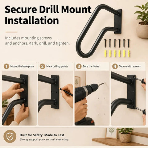 Installation steps for Rock Solid Heavy Duty Wall Mount Handrail for Outdoor Steps U Shaped Safety Railing in black.