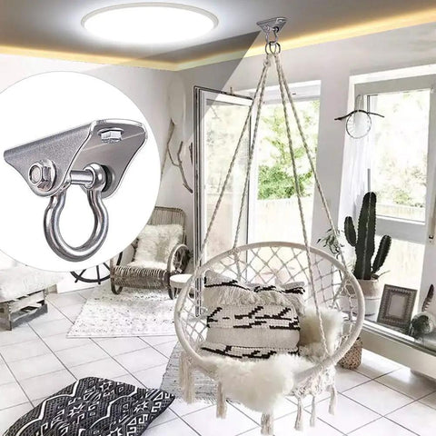 Stainless Steel Heavy Duty Ceiling Mount Swing Hanger With 1600 Pound Capacity for chairs shown in indoor setting, includes bolts