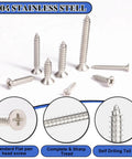 Value Packed 280 Pieces Wood Screws Set In M5 M4 M3 Sizes Flat Head Stainless Steel Self Tapping Deck Door Cabinet Hardware Kit Rust Resistant Great For DIY Projects And Outdoor Furniture showing various screw sizes and features.