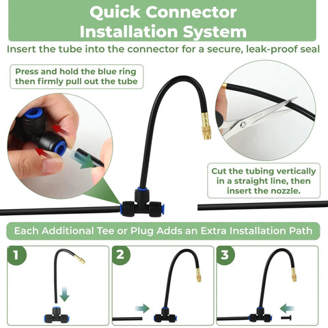 Quick connector system for Brass Misting Nozzles Tee 20 Pack For One Quarter Inch Tubing With 360 Degree Rotation Adjustable Water Mister Sprayer