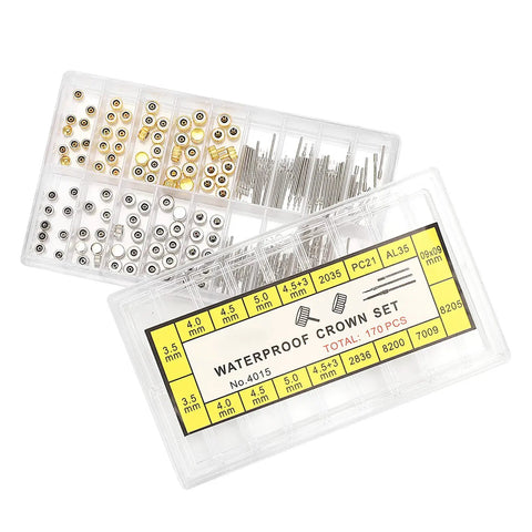 Stem Extender Kit With Stainless Steel Crowns Repair Tool Set In Handy Box showing various sizes for watch repair.