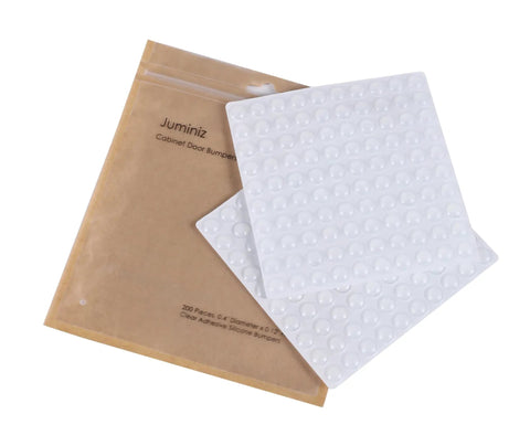 Premium Clear Silicone Cabinet Door Bumpers 200 Pack 0.4 Inch Round self-adhesive pads in packaging, clear silicone pads for silent gliding.