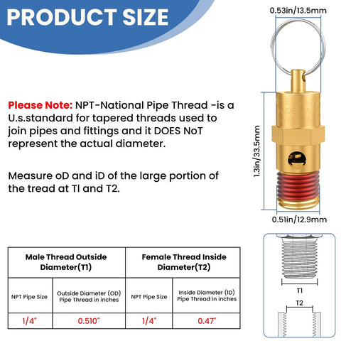 Front view of brass 1/4 in NPT safety relief valve for air compressors, 150 PSI rating.