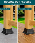 Beefy Heavy Duty Black Steel 3.6x3.6 Inch Square Post Base Caps For 4x4 Deck Posts 10 Pack on concrete and wooden floors