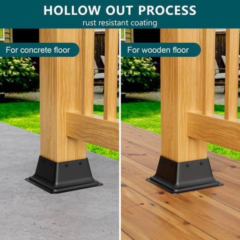 Beefy Heavy Duty Black Steel 3.6x3.6 Inch Square Post Base Caps For 4x4 Deck Posts 10 Pack on concrete and wooden floors