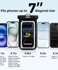 Universal Waterproof Phone Case Dry Bag Two Pack IPX8 Fits All Phones Up To 7 Inch Screen illustration with phone sizes.
