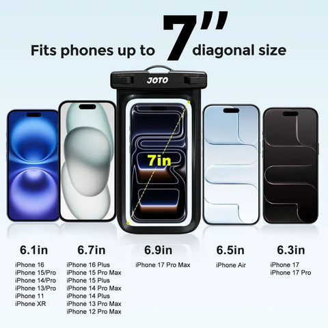Universal Waterproof Phone Case Dry Bag Two Pack IPX8 Fits All Phones Up To 7 Inch Screen illustration with phone sizes.