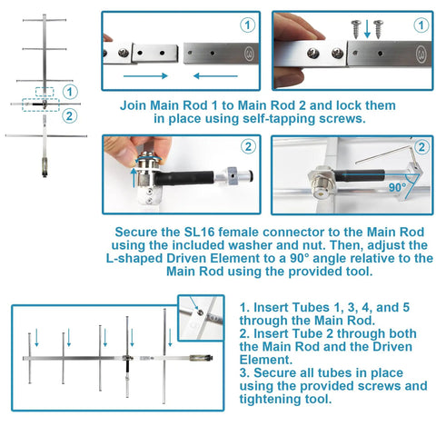 Assembly instructions for UHF Base Station Antenna 400-470MHz Five Element Yagi With 9 Dbi Gain For Ham Radio Repeater Outdoor 32 Ft Coax Cable SL16 SMA Female Vertical Or Horizontal Polarization Long Range 70cm Antenna.