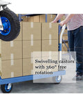 Heavy Duty Swivel Caster Wheels With Brakes for Workbenches and Furniture Carts, shown on a warehouse trolley with boxes.