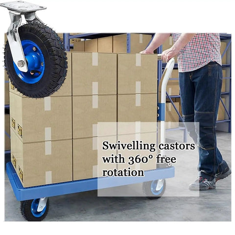 Heavy Duty Swivel Caster Wheels With Brakes for Workbenches and Furniture Carts, shown on a warehouse trolley with boxes.