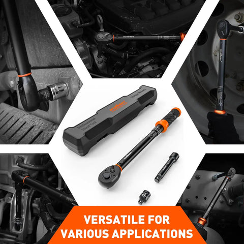 Half Inch Drive Click Torque Wrench Set With 10 To 170 Ft-Lb And 13.6 To 230.5 Nm Range, Three Percent Precision, Dual Scale, 72-Tooth