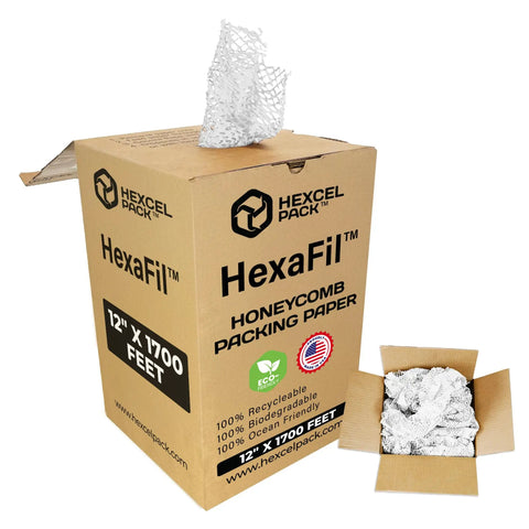 HexaFil Honeycomb Packing Paper Eco Friendly Dispenser Box cushioning material visible with recyclable packaging
