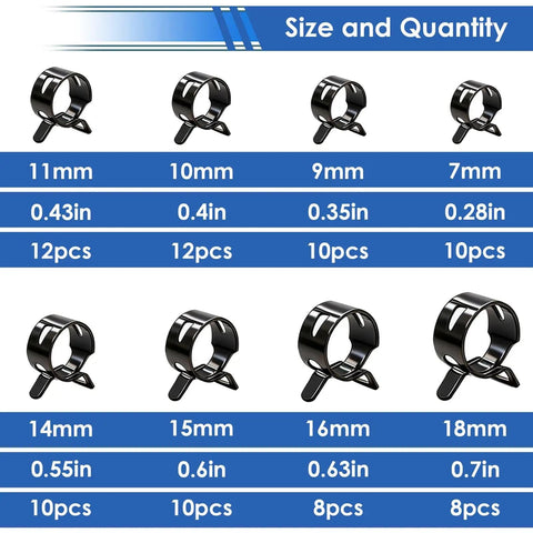 Eight Size Spring Hose Clamp Kit 7 To 18mm in various sizes and quantities displayed with measurements.