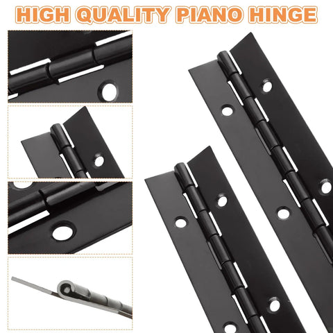Rock Solid Nailed It Heavy Duty Black Iron Piano Hinges Eight Pack 16 Inch Long Continuous Door Hardware with matte finish close-up.