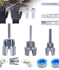 Bomao 3 Pc Pvc Pipe Threader Kit With 1/2, 3/4, And 1 Inch Bits, gloves, fittings, and plumbing accessories for installation.