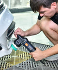 Person using 3 Inch Dual Action Car Buffer Polisher with 9mm Orbit on white car bumper for detailing