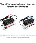 Comparison of Heavy Duty 14v 70a Lifepo4 Battery Charger For 12v Lithium Systems showing new and old version connections.