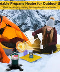 Portable Propane Heater For Outdoors next to an orange tent, in use for camping on snow with a person preparing a drink.