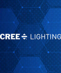 Cree Lighting logo on a geometric blue background pattern