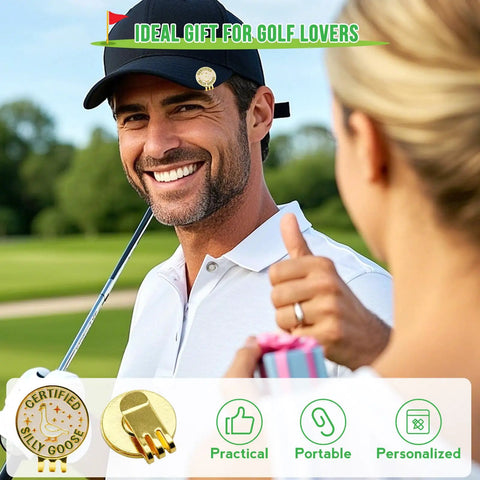 Man wearing Funny Goose Golf Ball Marker With Magnetic Hat Clip For Golfers on hat, smiling on golf course, woman gift-giving.