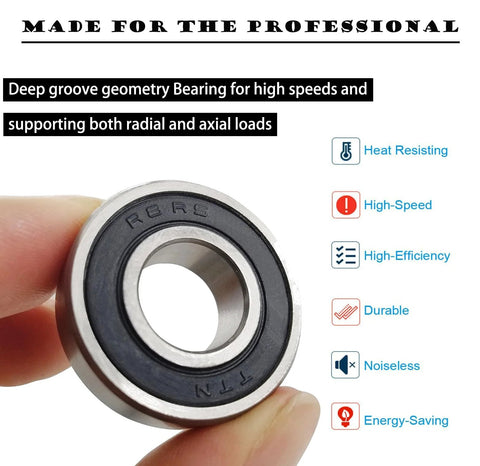 R8-2RS double rubber-sealed ball bearing, 1/2 in bore, 1-1/8 in OD, 5/16 in wide, steel with seals