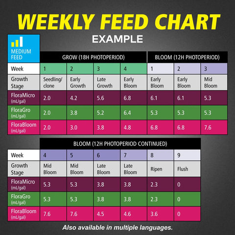 Weekly feed chart for FloraMicro FloraBloom FloraGro Hydroponic Nutrient Kit For Indoor Gardens All In One 1 Gal Grow Solution Supporting Veg To Bloom Stages With Nitrogen Calcium And Chelated Micronutrients.