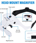 Rechargeable LED Headband Magnifier With Four Bright Lights And Five Detachable Lenses From 1X To 3.5X For Crafts Cross Stitch And Hobby Projects Hands Free diagram