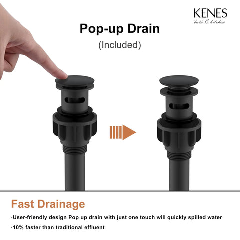 Close-up of pop-up drain stopper included with Matte Black Single Handle Bathroom Sink Faucet in Stainless Steel Vanity.