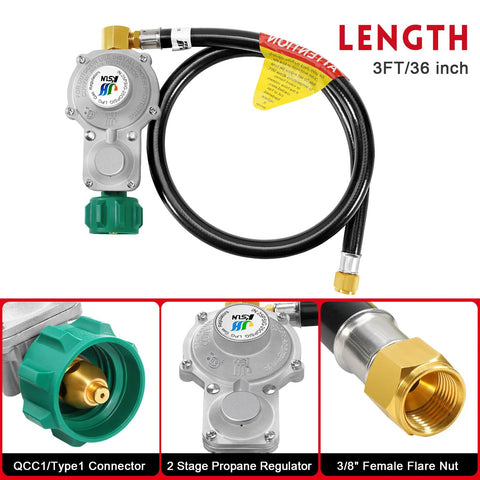 GasSaf 3ft two-stage propane regulator with hose and 3/8 in female flare nut