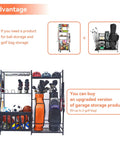 Garage Sports Gear Organizer With Ball Storage Rack And Golf Bag Stand, showing ball holder, golf bags, and various sports equipment.