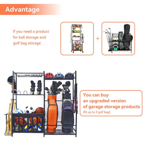 Garage Sports Gear Organizer With Ball Storage Rack And Golf Bag Stand, showing ball holder, golf bags, and various sports equipment.