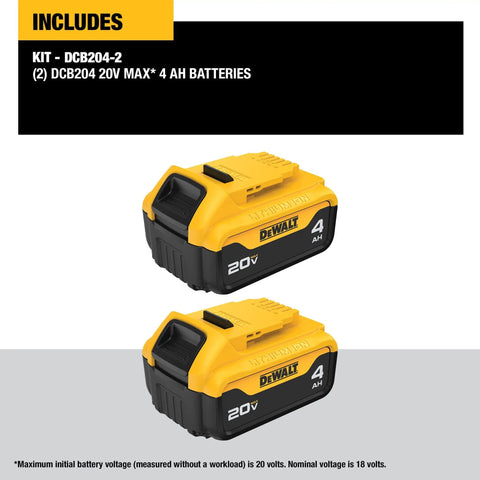 Professional 20V Max Xr Cordless Power Tool Batteries 4 Amp Hour 2 Pack Featuring Led Charge Display With Durable Housing viewed from the front.
