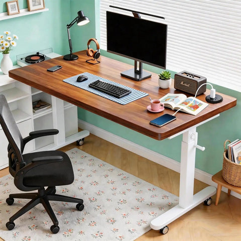 Forty Seven Inch Manual Standing Desk Heavy Duty Casters With Integrated Fast Charging Hub Usb Power Port Sweet Mobile Workspace Setup That Totally Hits Different Vibe in a stylish home office.