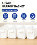 Top Shelf White Plastic Storage Baskets Real Deal Solution For Counters And Under Cabinet Organization With Ventilated Side Walls Comfortable Grip Handles And Effortless Nesting Layout, set of 4 narrow bins, 11"L x 5.1"W x 4.5"H.