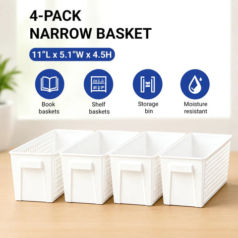 Top Shelf White Plastic Storage Baskets Real Deal Solution For Counters And Under Cabinet Organization With Ventilated Side Walls Comfortable Grip Handles And Effortless Nesting Layout, set of 4 narrow bins, 11"L x 5.1"W x 4.5"H.