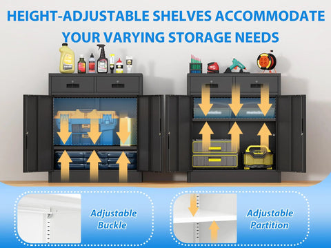 Heavy Duty Metal Storage Cabinet With Doors And Shelves, 36 Inch Tall Locking Cabinet With Two Drawers, adjustable shelves