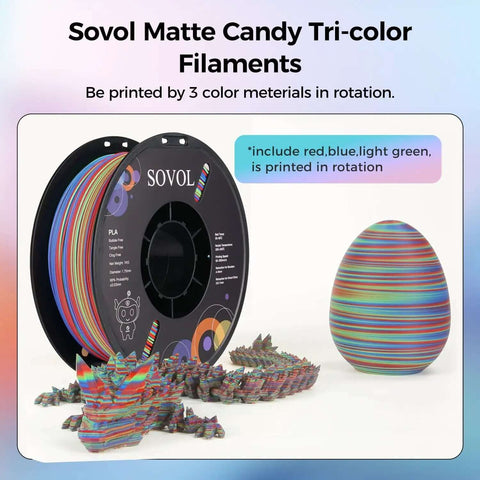 Rotated Tri Color Dope Coextruded PLA Filament 1.75mm 1kg 2.2lb Matte Finish Red Green Blue spool with 3D printed egg.