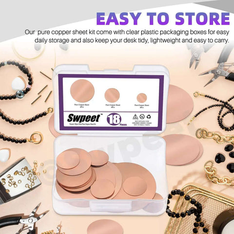 Copper Sheet Kit 18 Pcs in Three Sizes 0.02 Inch Thick Pure Copper Sheets in storage box with jewelry tools visible
