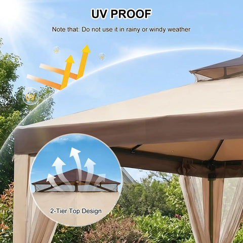10x10 Outdoor Gazebo With Netting And Sun Shade Canopy For Patio And Backyard showing UV protection and two-tier top design.