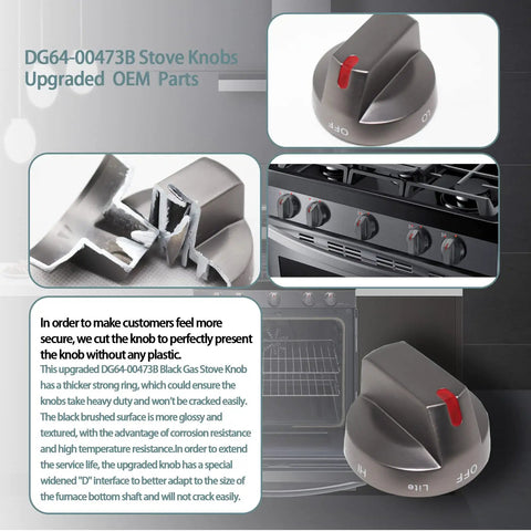 DG64 00473B Stove Knobs set on gas range with close-up of black durable knobs showing design details