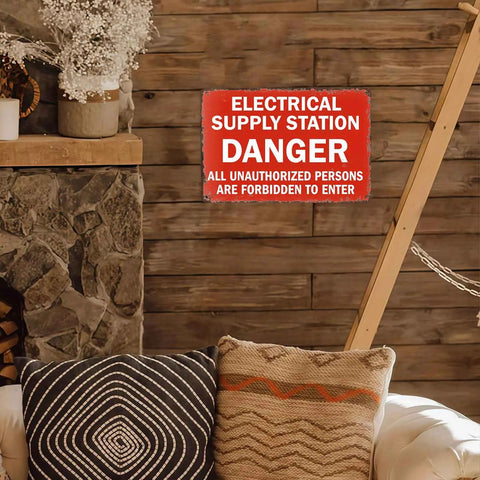 Electrical Supply Station Vintage Metal Wall Art Signs Dope Rust Resistant Aluminum For Indoor Outdoor Decor In Kitchens Garages Patios And More For Home And Office Decor, red sign on wood wall