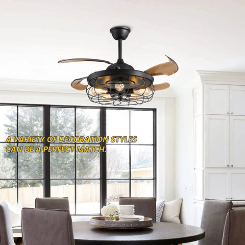 42 Inch Slick Industrial Retractable Ceiling Fan With Lights And Remote Retro Black Cage Chandelier Style Fandelier in modern room