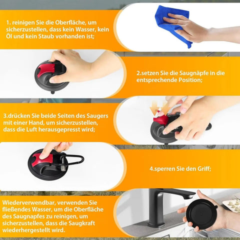 Illustration showing steps to mount Heavy Duty Suction Cup Hooks Set Of 4 With Ultra Strong Hold And 30 Kg Load Capacity