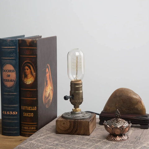 Vintage Table Lamp With Industrial Dimmable Night Light And Steampunk Desk Lamp E26 Socket on wooden base