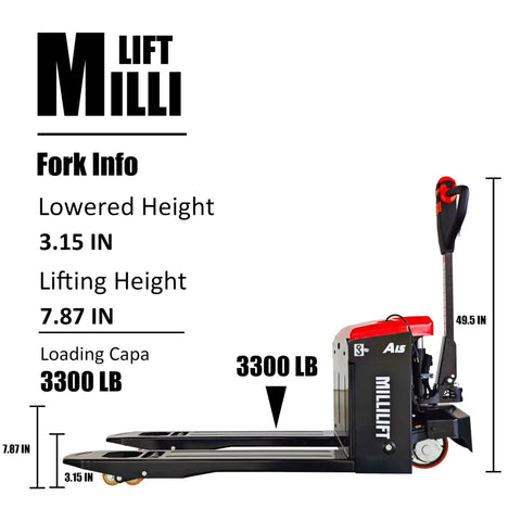 Millilift Electric Pallet Jack with Heavy Duty 3300lb Load Capacity, fork height info, dimensions on a black background.