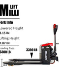 MilliLift Electric Pallet Jack Nails 3300 Lbs With Heavy Duty Forks And LiFePO4 Battery showing fork heights 3.15 in lowered, 7.87 in lifted.