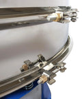 Close-up of Top Shelf Electric Vibrating Sifter Screen Shaker Machine stainless steel clamps and attachment for secure operation.