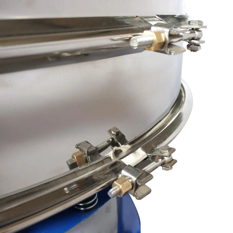 Close-up of Top Shelf Electric Vibrating Sifter Screen Shaker Machine stainless steel clamps and attachment for secure operation.