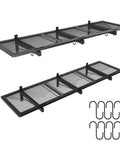 Two Pack Heavy Duty Garage Wall Shelving Racks 46 By 12.5 Inches Wall Mounted With 8 Hooks And 320 Lb Capacity Black Metal Floating Organizer Shelves For Tools And Gear, angled view