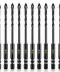 Front view of 10-pack masonry drill bits, 3/16 in spear-point, tungsten carbide, hex shanks